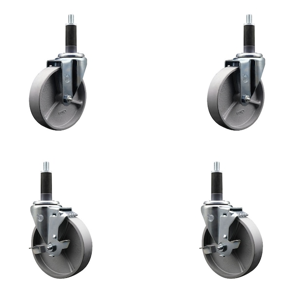 5'' Semi Steel Wheel Swivel 1'' Expanding Stem Caster Set 2 Brakes, 4PK